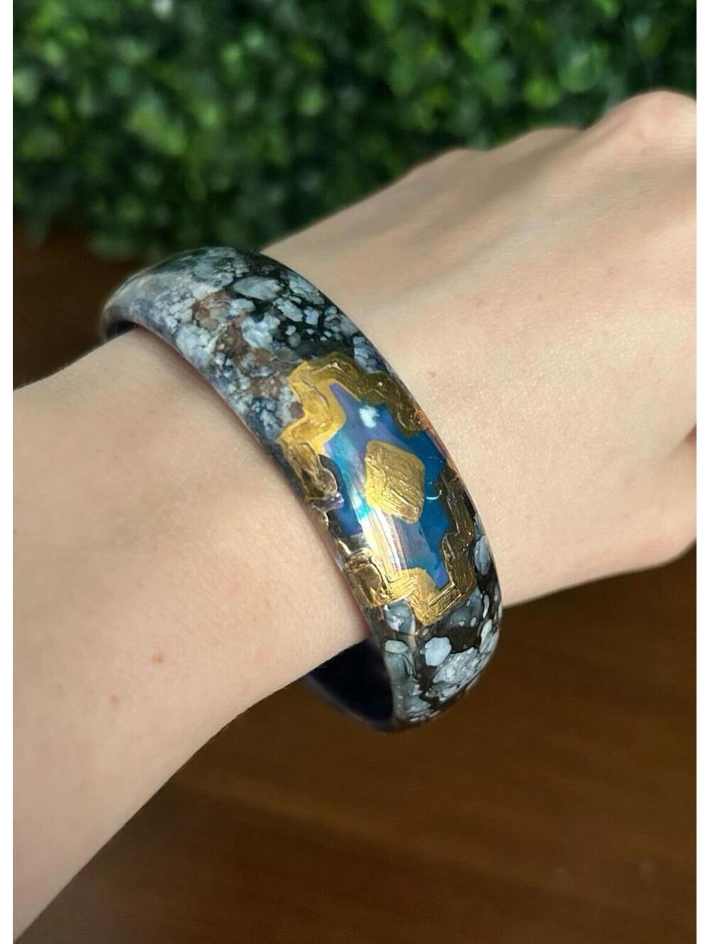 Vintage Chunky Marbled Bangle Bracelet Blue Gold Boho Southwestern